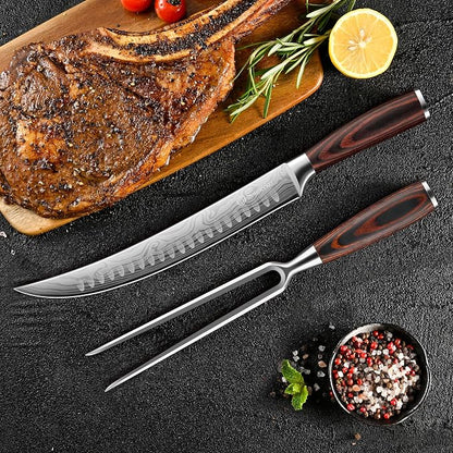 Sunnecko Butcher Knife,Razor Sharp Breaking Knife for Meat Cutting,High Carbon German Steel Carving Knives with Meat Fork