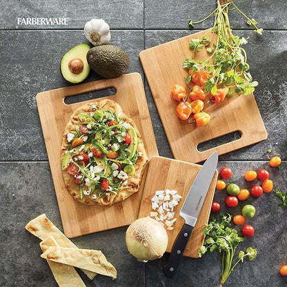 Farberware 3-Piece Wood Cutting Board Set,Reversible Chopping Boards for Meal Prep and Serving,Charcuterie Boards,Wooden Cutting-Boards with Built-in Handles,Set of 3 Assorted Sizes,Bamboo,(Pack of 3)