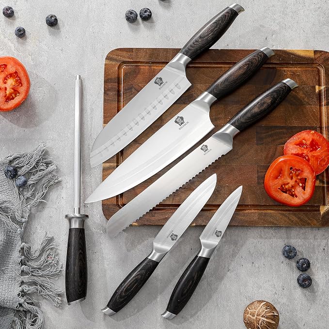 WILDMOK Knife Set, 7 Piece Kitchen Knife Set with Block Wooden, German Stainless Steel Sharp Chef Knife Set with Sharpener