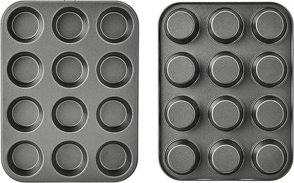 Amazon Basics Nonstick Muffin Pan, Set of 2, Sturdy, Oven Safe, Bakes Evenly, Easy to Clean, 12 Cups, Gray, 13.9x10.55x1.22"