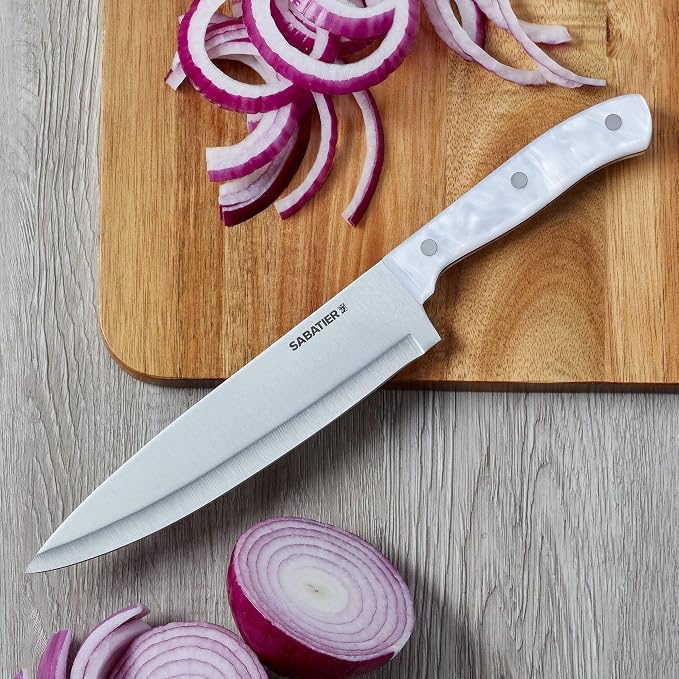 Sabatier Triple Riveted Chef Knife, 8-Inch, High-Carbon Stainless Steel, Razor-Sharp Kitchen Knife to Cut Fruit, Vegetables and more, White