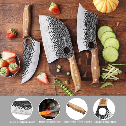 3PCS Butcher Knife, 7" Meat Cleaver, 7" Serbian Chef and 6.5" Viking, Hand Forged Butcher Knife Set with Wooden Handle, Geat for Home, Camping, BBQ (Unique Pattern)