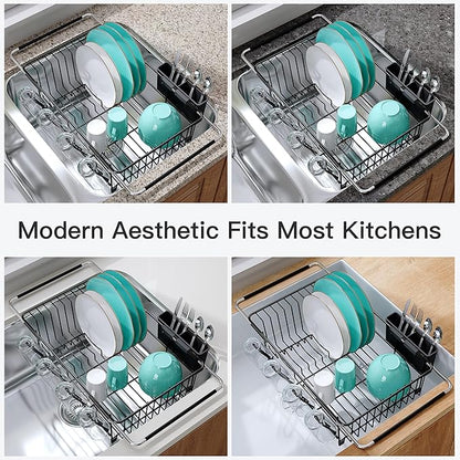 JASIWAY Black Sink Dish Drying Rack with Drainboard, Expandable Stainless Steel Dish Drainers for Kitchen Counter, Space Saving Dish Dryer Rack, Over The Sink Dish Racks with Utensil Holder