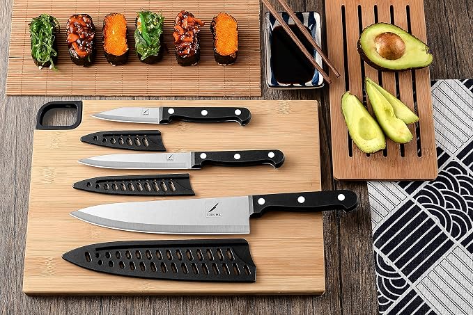 COKUMA Kitchen Knife, 3-Pcs Knife Set With Sheath, 8 Inch Chef Knife, 4.5 Inch Utility Knife, 4 Inch Paring Chef Knife, Stainless Steel, Black