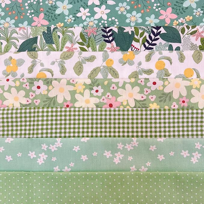 7Pcs 20" x 20" Cotton Fabric DIY Making Supplies Quilting Patchwork Fabric Fat Quarter Bundles DIY for Quilting Cotton Patchwork Cushions (Green Flowers, 20 x 20 inches)
