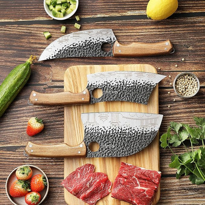 OLULU 3PCS Butcher Knife Set, 7" Butcher Meat Cleaver, 7" Serbian Chef Knife and 6.5" Viking Knife, Kitchen Knife Set with wood Handle, Great for Indoor & Outdoor (Unique Pattern)