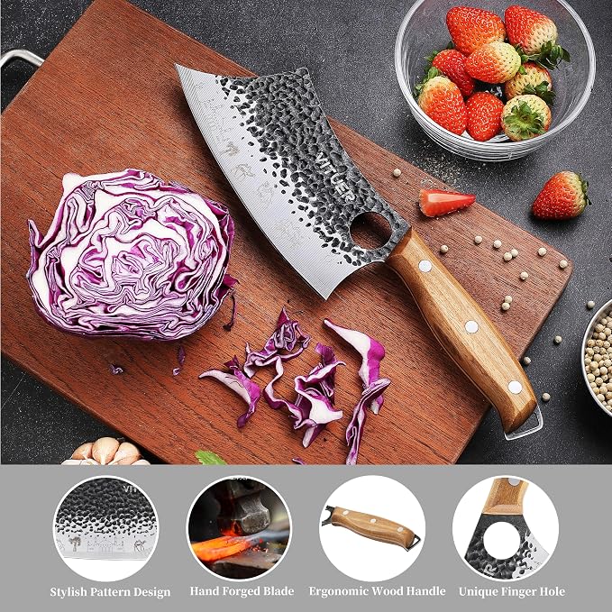 3PCS Butcher Knife Set, Hand Forged 7" Butcher Meat Cleaver, 7" Serbian Chef and 6.5" Viking Knife, Great for Indoor & Outdoor (Stylish Pattern Design)