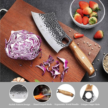 3PCS Butcher Knife Set, Hand Forged 7" Butcher Meat Cleaver, 7" Serbian Chef and 6.5" Viking Knife, Great for Indoor & Outdoor (Stylish Pattern Design)