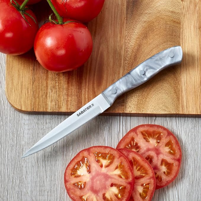 Sabatier Triple Riveted Serrated Utility Knife, 5-Inch, Razor-Sharp Kitchen Knife to Cut Fruit, Vegetables and more, High-Carbon Stainless Steel, Gray