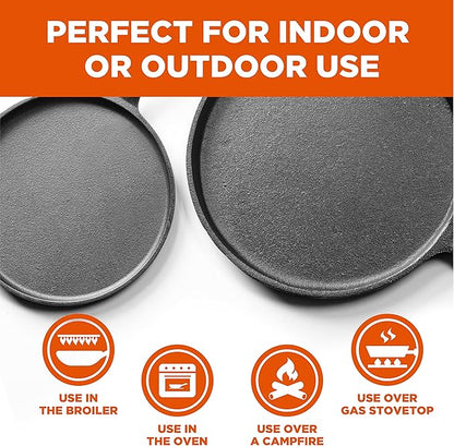Commercial CHEF 3-Piece Cast Iron Griddle Set, Pre-Seasoned Cast Iron, Includes 8”, 10” & 12” Griddle Pans, Works on All Cooktops Including Induction, Outdoor Cookware for Campfires, CHCI81012