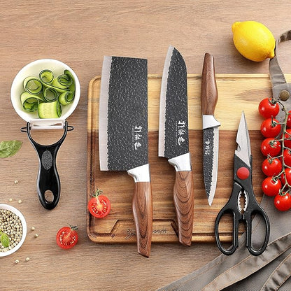 5 PCS kitchen Chef Knife Set, include 7 inch cleaver, 7 inch Santoku, 4.5 inch utility knife, Kitchen Scissors and Peeler