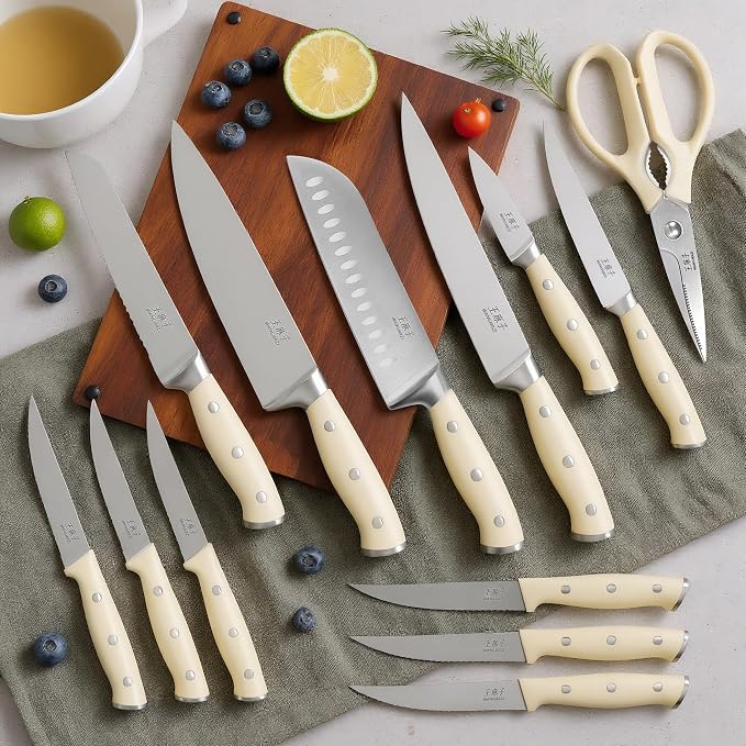 WANGMAZI Block Knife Set, 15 Pcs Kitchen Knife Set with Block and Sharpener, Ultra Sharp Kitchen Knives Set, Modern Style for Home & Chef, Natural Pro