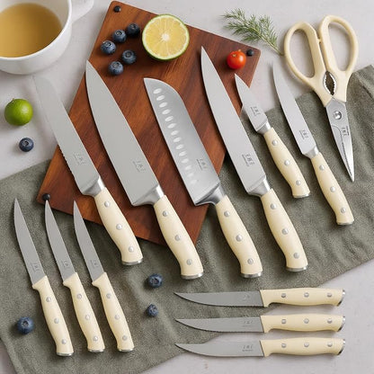 WANGMAZI Block Knife Set, 15 Pcs Kitchen Knife Set with Block and Sharpener, Ultra Sharp Kitchen Knives Set, Modern Style for Home & Chef, Natural Pro