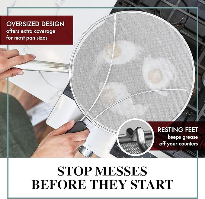 Splatter Screen for Frying Pan - 11.5 Inch Stainless Steel Grease Splatter Guard - Cover Oil Splash when Sizzling Bacon, Cooking Fried Chicken or Popcorn