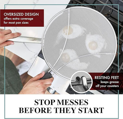Splatter Screen for Frying Pan - 9.5 Inch Stainless Steel Grease Splatter Guard - Cover Oil Splash when Sizzling Bacon, Cooking Fried Chicken or Popcorn