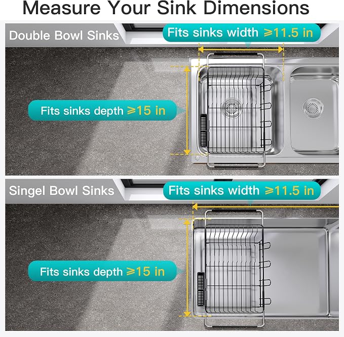 JASIWAY Black Sink Dish Drying Rack with Drainboard, Expandable Stainless Steel Dish Drainers for Kitchen Counter, Space Saving Dish Dryer Rack, Over The Sink Dish Racks with Utensil Holder