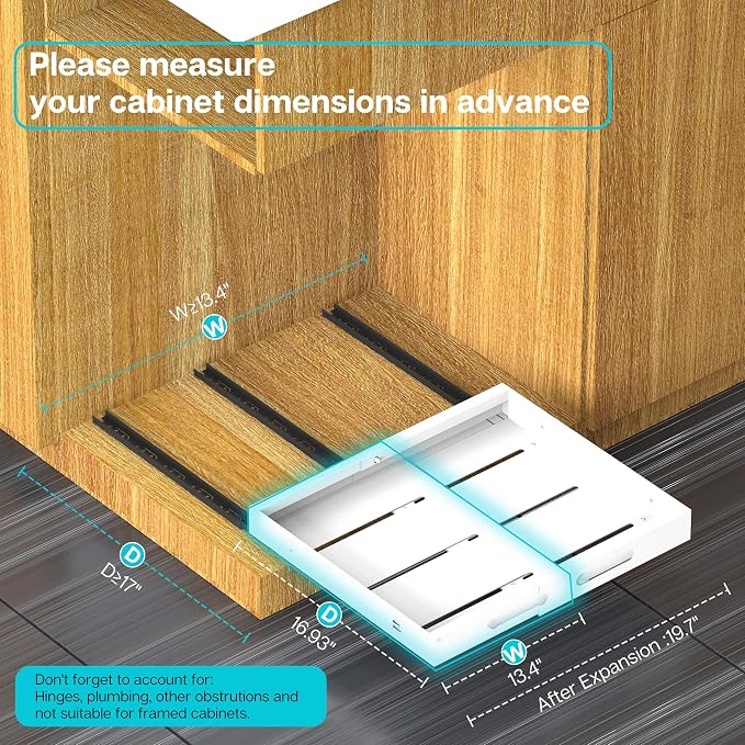 Expandable Pull Out Cabinet Organizer 17" Deep, Adhesive Pull Out Drawers For Cabinets 13.4"W - 19.7"W，No Drill Pull Out Cabinet Organizer Expandable, Expandablet Drawer For Kitchen, Pantry, Bathroom