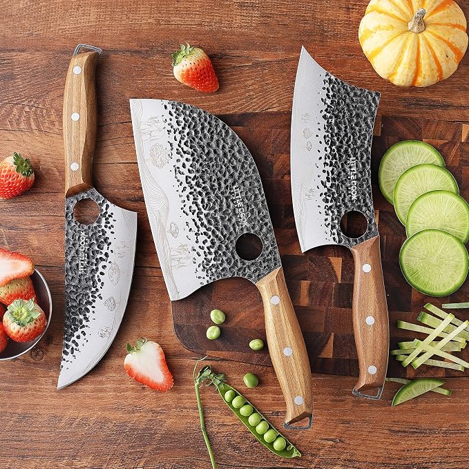 3PCS Butcher Knife, 7" Meat Cleaver, 7" Serbian Chef and 6.5" Viking, Hand Forged Butcher Knife Set with Wooden Handle, Geat for Home, Camping, BBQ (Unique Pattern)