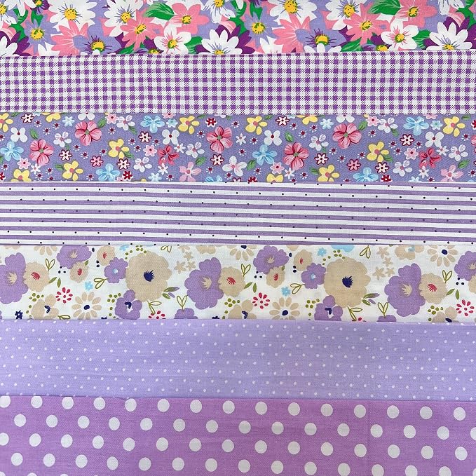 7 pcs 20" x 20" Cotton Fabric DIY Making Supplies Quilting Patchwork Fabric Fat Quarter Bundles DIY for Quilting Cotton Patchwork Cushions (Purple Flowers, 20" x 20")