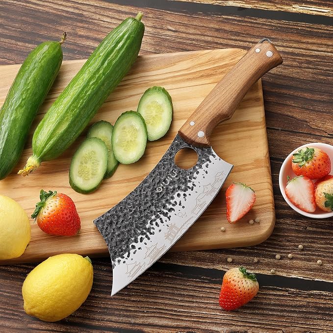 OLULU 3PCS Butcher Knife Set, 7" Butcher Meat Cleaver, 7" Serbian Chef Knife and 6.5" Viking Knife, Kitchen Knife Set with wood Handle, Great for Indoor & Outdoor (Unique Pattern)