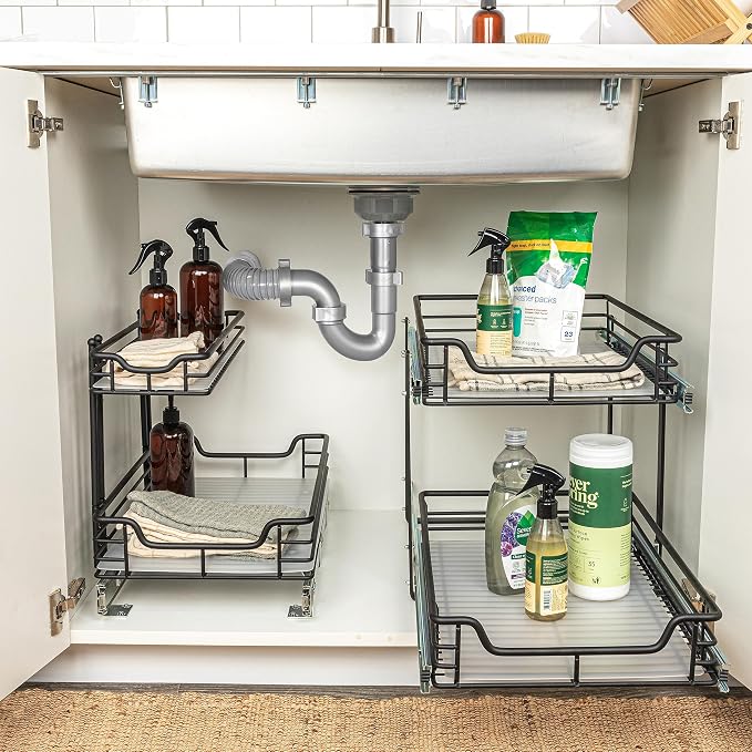 Household Essentials Matte Black Powder-Coated Steel Undersink Pull-Out Organizer with Plastic Accents