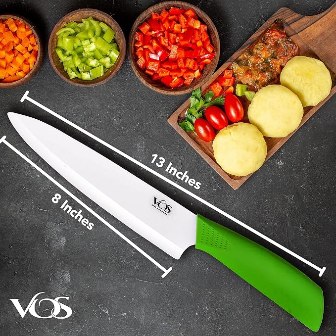Vos Ceramic Chef Knife 8 Inch with Protective Cover – Zirconia Ceramic Blade for Food Preparation – Lightweight Kitchen Knife (Green)