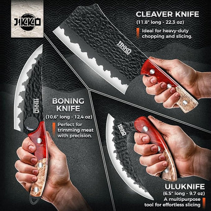 Jikko Phoenix Edition Japanese Knife Set - 3-Piece Chef Knife Set | Butcher Knives, Meat Cleaver, Butcher Knife Set | BBQ Set | Chef Knives with Hammered Blades & Maple Burl