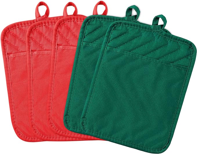 5Pack Pot Holders for Kitchen Heat Resistant Cotton Potholder Multipurpose Hot Pads Machine Washable Oven Mitts with Pocket Potholders for Baking and Cooking 8.9 x 6.9 in Red Green