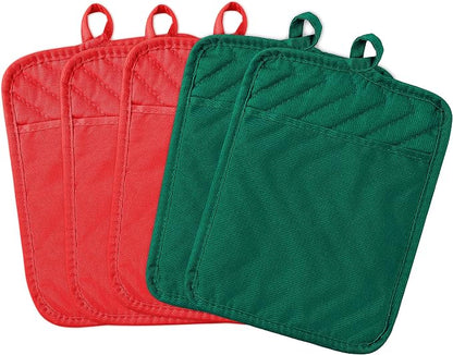 5Pack Pot Holders for Kitchen Heat Resistant Cotton Potholder Multipurpose Hot Pads Machine Washable Oven Mitts with Pocket Potholders for Baking and Cooking 8.9 x 6.9 in Red Green