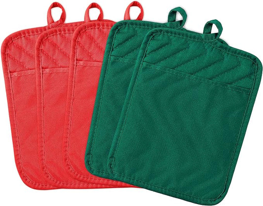 5Pack Pot Holders for Kitchen Heat Resistant Cotton Potholder Multipurpose Hot Pads Machine Washable Oven Mitts with Pocket Potholders for Baking and Cooking 8.9 x 6.9 in Red Green