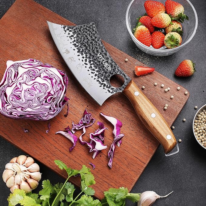 3PCS Butcher Knife Set, Hand Forged 7" Butcher Meat Cleaver, 7" Serbian Chef and 6.5" Viking Knife, Great for Indoor & Outdoor (Stylish Pattern Design)