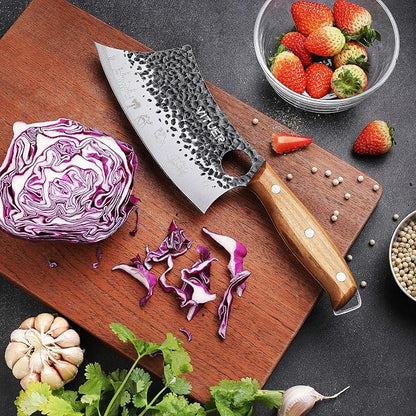 3PCS Butcher Knife Set, Hand Forged 7" Butcher Meat Cleaver, 7" Serbian Chef and 6.5" Viking Knife, Great for Indoor & Outdoor (Stylish Pattern Design)