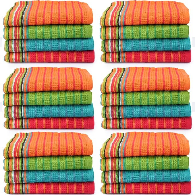 TEXAS LINEN CO. Kitchen Dish Towels, 100% Cotton Salsa Towels, Set of 24 (16x28 Inches), Multi Purpose Cooking Drying Restaurant Bar Cleaning Cloth Napkin, Highly Absorbent, Lint Free, Multi-Color