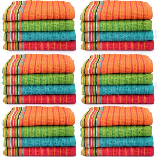 TEXAS LINEN CO. Kitchen Dish Towels, 100% Cotton Salsa Towels, Set of 24 (16x28 Inches), Multi Purpose Cooking Drying Restaurant Bar Cleaning Cloth Napkin, Highly Absorbent, Lint Free, Multi-Color