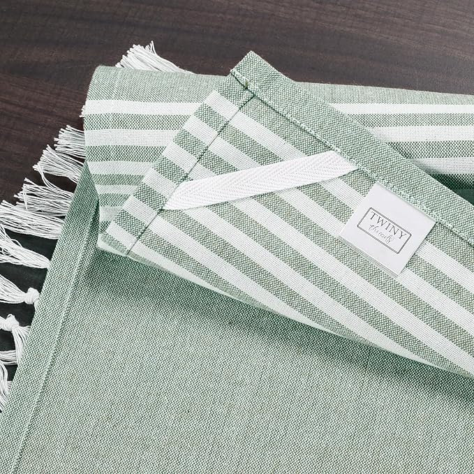 TWINY threads Set of 4 100% Cotton Turkish Kitchen Towels with Hanging Loop & Tassels (18" X 28") | Ultra Washcloth with Fringes | Reusable Hand Towels - Olive Green