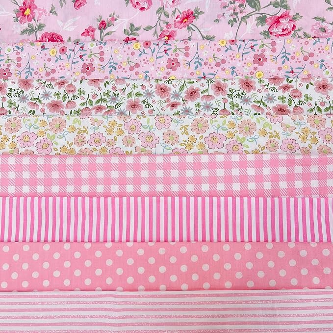 7 pcs 20" x 20" Cotton Fabric DIY Making Supplies Quilting Patchwork Fabric Fat Quarter Bundles DIY for Quilting Cotton Patchwork Cushions (8pcs Small Pink Flowers, 20" x 20")