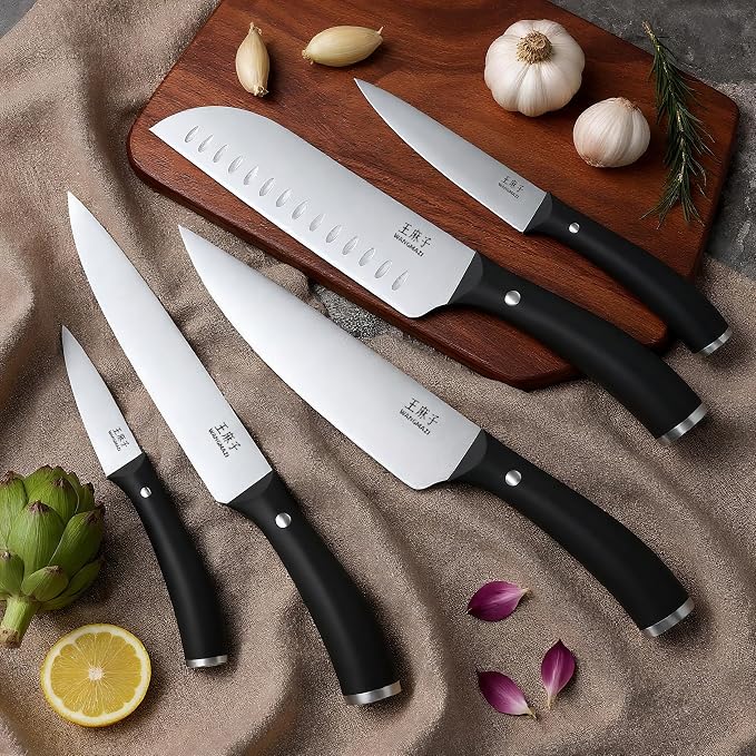 WANGMAZI Kitchen Knife Set, 15 Pcs Premium Stainless Steel Knife Block Set, Professional Chef Knife Set, Anti-Slip Sharp Knives Set for Home, Kitchen, Black