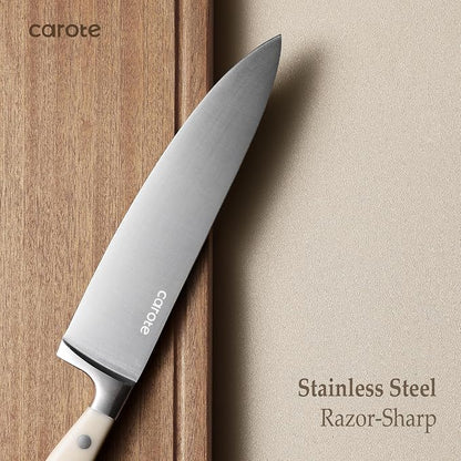 CAROTE 14 Pieces Knife Set with Block, Forged, High Carbon Stainless Steel Sharp Blade Block Knife Set, Dishwasher Safe Cutlery, Cream (Pack of 2)