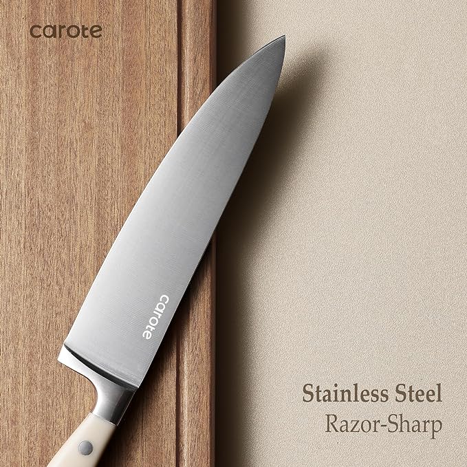 CAROTE 14 Pieces Knife Set with Block, Forged, High Carbon Stainless Steel Sharp Blade Block Knife Set, Dishwasher Safe Cutlery, Cream