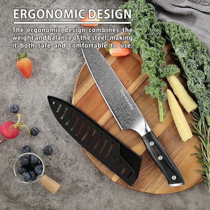 8 Inch Chef's Knife, High Carbon Stainless Steel Kitchen Knife with Sharpener & Finger Guard, Professional Sharp Cooking Knife for Home & Meat Cutting, with Ergonomic wood Handle and Gift Box