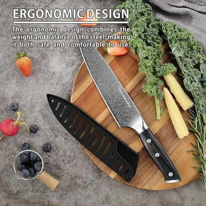 8 Inch Chef's Knife, High Carbon Stainless Steel Kitchen Knife with Sharpener & Finger Guard, Professional Sharp Cooking Knife for Home & Meat Cutting, with Ergonomic wood Handle and Gift Box