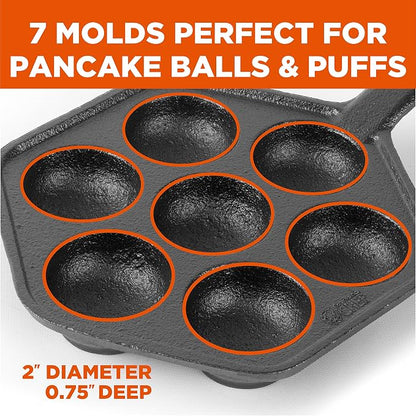 Commercial CHEF Danish Aebleskiver Pan, Pre-Seasoned Cast Iron, Seven Sections For Mini Puffs and Pancake Balls, Works on All Cooktops Including Induction, Outdoor Cookware for Grills, CHCI4105