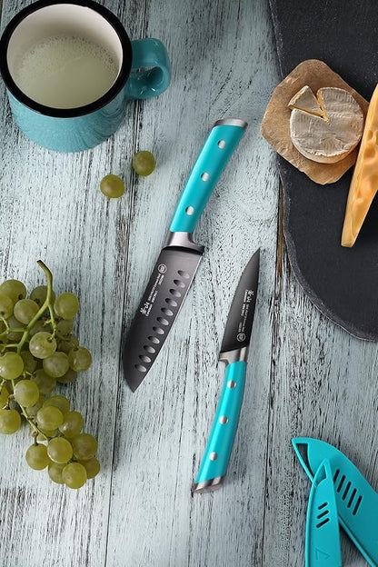 Cangshan S+ Series 1022117 German Steel Forged 2-Piece Titanium Coated Santoku Starter Knife Set with Sheaths, French Teal