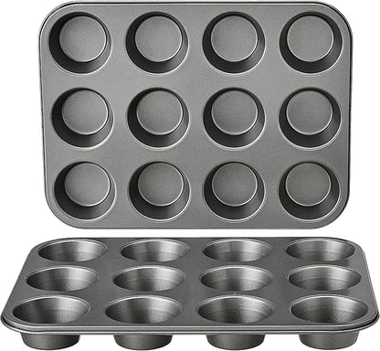 Amazon Basics Nonstick Muffin Pan, Set of 2, Sturdy, Oven Safe, Bakes Evenly, Easy to Clean, 12 Cups, Gray, 13.9x10.55x1.22"