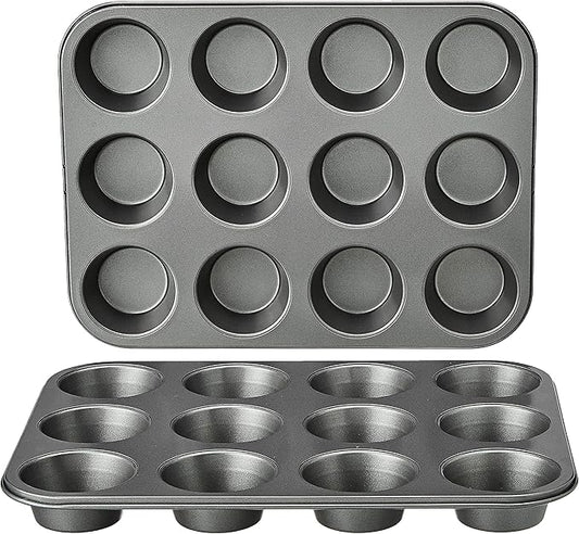 Amazon Basics Nonstick Muffin Pan, Set of 2, Sturdy, Oven Safe, Bakes Evenly, Easy to Clean, 12 Cups, Gray, 13.9x10.55x1.22"