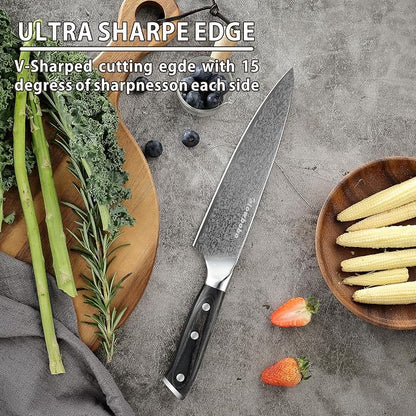 8 Inch Chef's Knife, High Carbon Stainless Steel Kitchen Knife with Sharpener & Finger Guard, Professional Sharp Cooking Knife for Home & Meat Cutting, with Ergonomic wood Handle and Gift Box