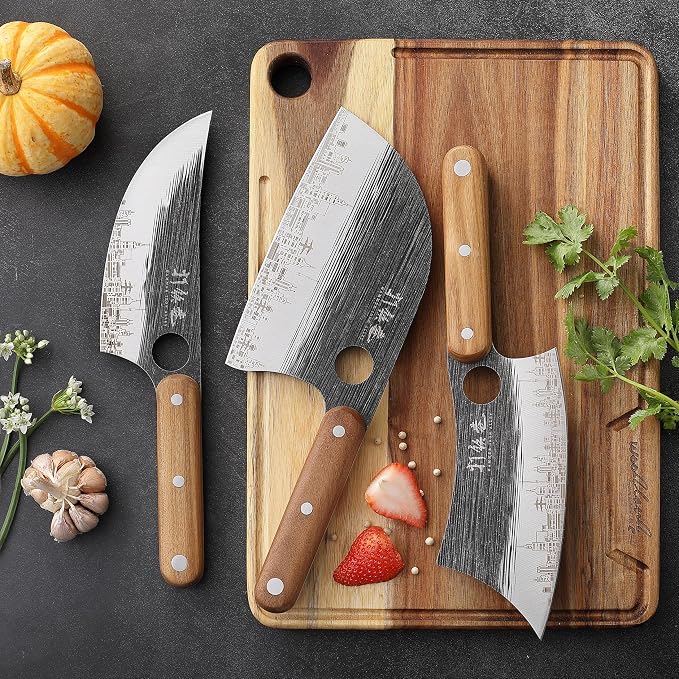 3PCS Butcher Knife Set, 7" Butcher Meat Cleaver, 7" Serbian Chef Knife and 6.5" Viking Knife, Hand Forged Butcher Knife with Wooden Handle, Ideal for Home, Camping, BBQ (Unique Pattern)