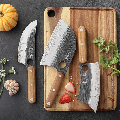 3PCS Butcher Knife Set, 7" Butcher Meat Cleaver, 7" Serbian Chef Knife and 6.5" Viking Knife, Hand Forged Butcher Knife with Wooden Handle, Ideal for Home, Camping, BBQ (Unique Pattern)