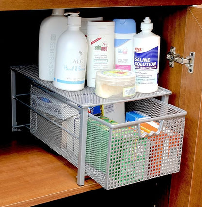 Deco Brothers Stackable Pull Out Cabinet Sliding Basket with Dividers, Large, Silver