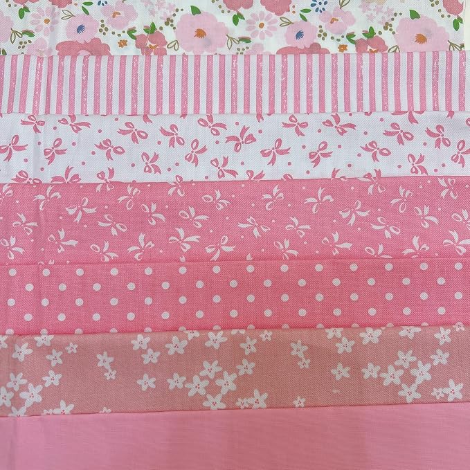 7 pcs 20" x 20" Cotton Fabric DIY Making Supplies Quilting Patchwork Fabric Fat Quarter Bundles DIY for Quilting Cotton Patchwork Cushions (Pink Flowers Bows, 20" x 20")